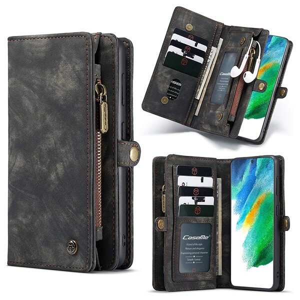 CaseMe For Galaxy S21 | S21 FE | S21+ /S21 Plus | S21 Ultra Zipper & Detachable Retro Leather Pouch With Chain Wallet Flip Purse Bag Detachable Phone Case