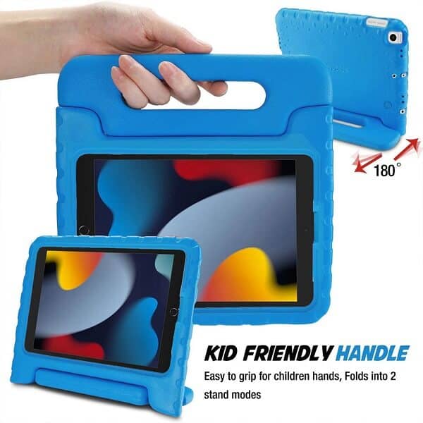 For Apple iPad 9th /8th /7th Gen 10.2 inch 2021 /2020 /2019 Kickstand Shockproof Protective Handle Stand Light Weight Kids Friendly Cover (Blue)