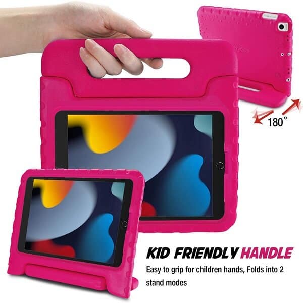 For Apple iPad 9th /8th /7th Gen 10.2 inch 2021 /2020 /2019 Kickstand Shockproof Protective Handle Stand Light Weight Kids Friendly Cover ( Hot Pink)