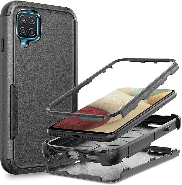 For Samsung Galaxy A12 3in1 Case Drop Resistant Defender Tradies Hybrid Armor Heavy Duty Rugged Shockproof Tough Cover (Black)