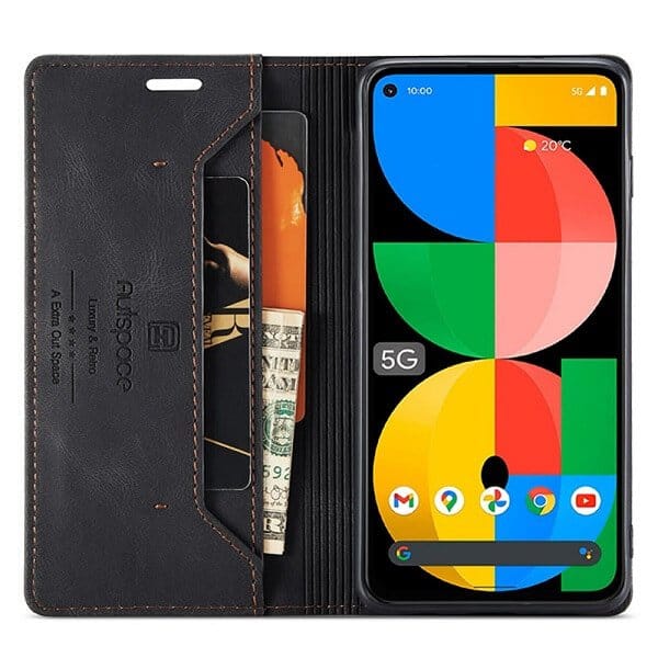 AutSpace For Google Pixel 5A 5G Case RFID Blocking Retro Flip Premium Leather Card Holder Wallet Cover
