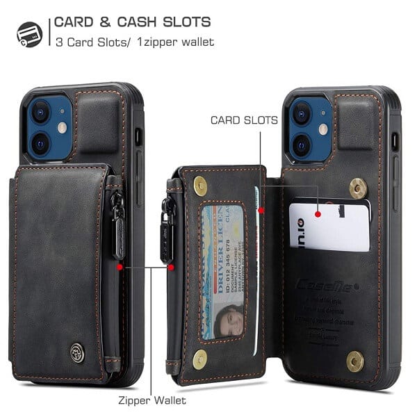 For Apple iPhone 12 /12 Pro/12 Pro Max CaseMe Back Zipper Wallet Case W/ 3 Card Slots, RFID Blocking, 1 Money Pocket, Credit Card Holder Leather Cover