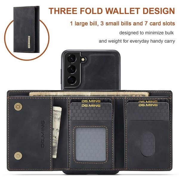 DG.MING For Samsung Galaxy S21 | S21 FE | S21 Ultra Premium Trifold Wallet Leather Case With 2-in-1 Magnetic Detachable Card Holder Pocket Cover