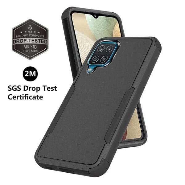 For Samsung Galaxy A12 3in1 Case Drop Resistant Defender Tradies Hybrid Armor Heavy Duty Rugged Shockproof Tough Cover (Black)