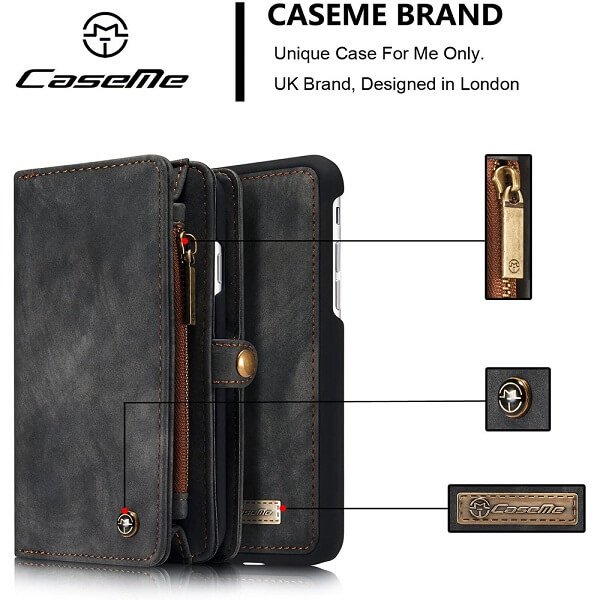 CaseMe For Apple iPhone 6 /6S Zipper & Detachable Retro Leather Pouch With Chain Wallet Flip Purse Bag Detachable Phone Case Cover (Black)