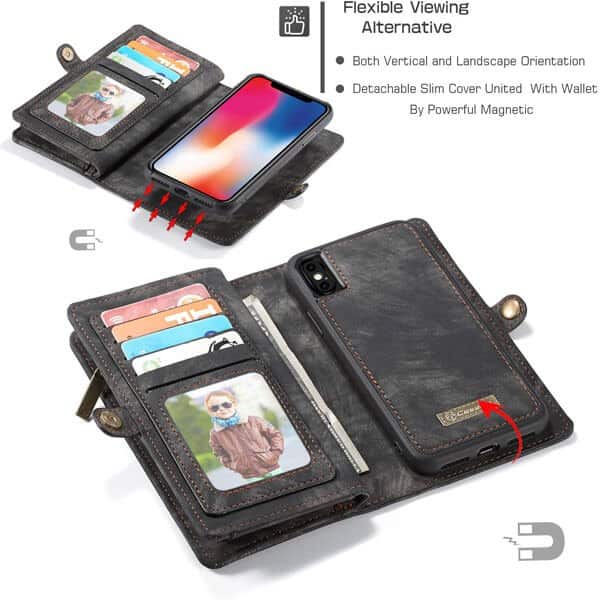 CaseMe For Apple iPhone X / XS / XS Max / XR Zipper & Detachable Retro Leather Pouch With Chain Wallet Flip Purse Bag Detachable Phone Case Cover
