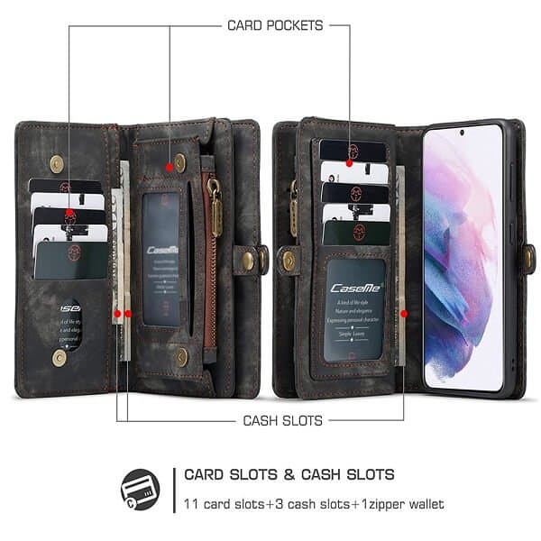 CaseMe For Galaxy S21 | S21 FE | S21+ /S21 Plus | S21 Ultra Zipper & Detachable Retro Leather Pouch With Chain Wallet Flip Purse Bag Detachable Phone Case