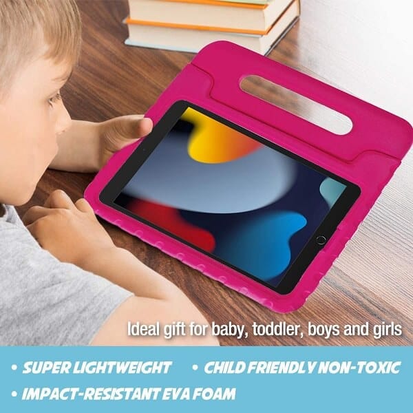 For Apple iPad 9th /8th /7th Gen 10.2 inch 2021 /2020 /2019 Kickstand Shockproof Protective Handle Stand Light Weight Kids Friendly Cover ( Hot Pink)