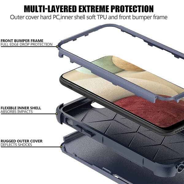 For Samsung Galaxy A12 3in1 Case Drop Resistant Defender Tradies Hybrid Armor Heavy Duty Rugged Shockproof Tough Cover (Navy Blue)