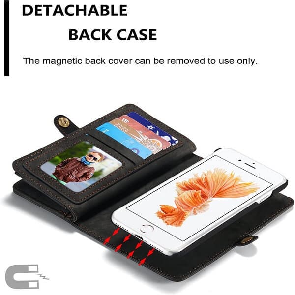CaseMe For Apple iPhone 6 /6S Zipper & Detachable Retro Leather Pouch With Chain Wallet Flip Purse Bag Detachable Phone Case Cover (Black)