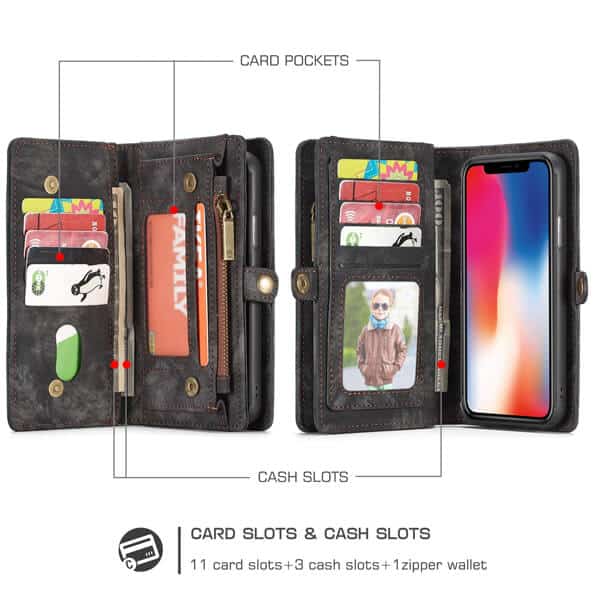 CaseMe For Apple iPhone X / XS / XS Max / XR Zipper & Detachable Retro Leather Pouch With Chain Wallet Flip Purse Bag Detachable Phone Case Cover