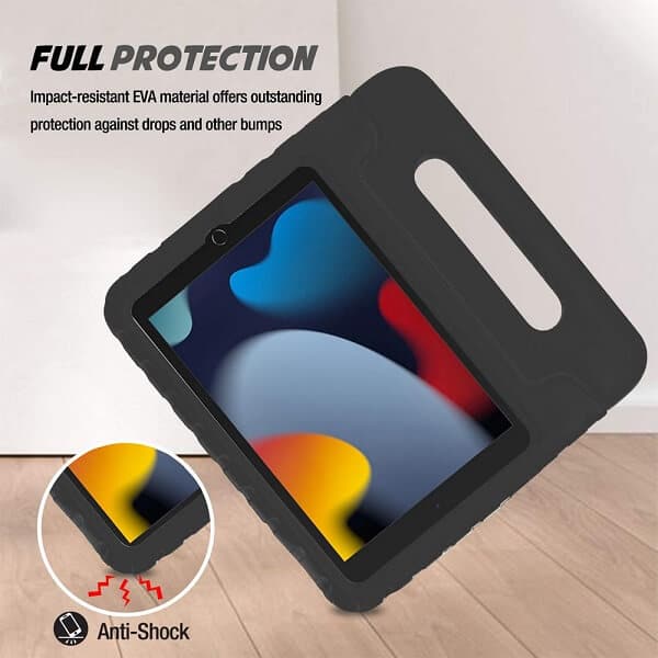 For Apple iPad 9th /8th /7th Gen 10.2 inch 2021 /2020 /2019 Kickstand Shockproof Protective Handle Stand Light Weight Kids Friendly Cover (Black)