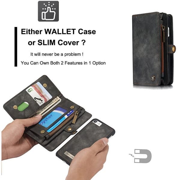 CaseMe For Apple iPhone 6 /6S Zipper & Detachable Retro Leather Pouch With Chain Wallet Flip Purse Bag Detachable Phone Case Cover (Black)