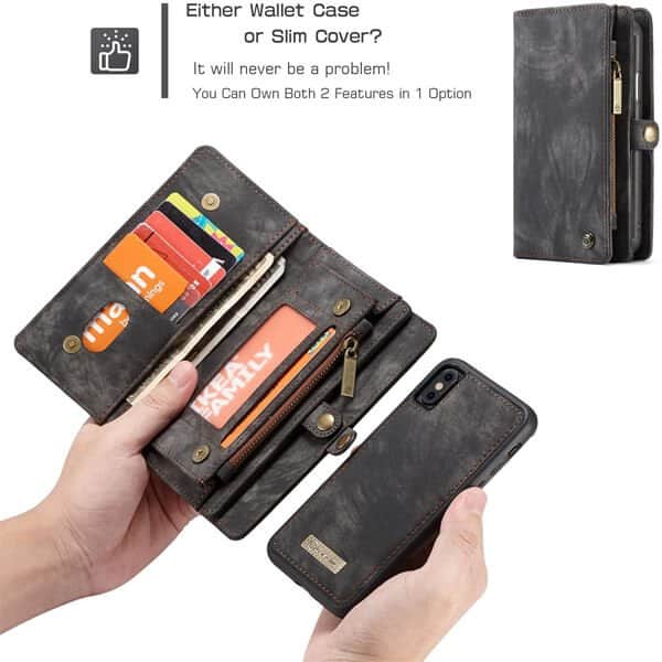 CaseMe For Apple iPhone X / XS / XS Max / XR Zipper & Detachable Retro Leather Pouch With Chain Wallet Flip Purse Bag Detachable Phone Case Cover