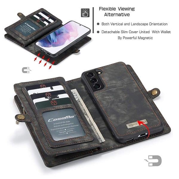 CaseMe For Galaxy S21 | S21 FE | S21+ /S21 Plus | S21 Ultra Zipper & Detachable Retro Leather Pouch With Chain Wallet Flip Purse Bag Detachable Phone Case