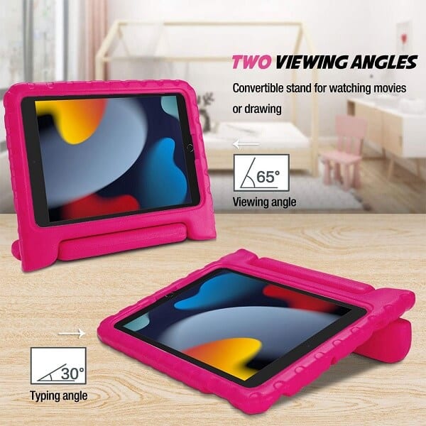 For Apple iPad 9th /8th /7th Gen 10.2 inch 2021 /2020 /2019 Kickstand Shockproof Protective Handle Stand Light Weight Kids Friendly Cover ( Hot Pink)