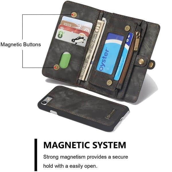 CaseMe For Apple iPhone 6 /6S Zipper & Detachable Retro Leather Pouch With Chain Wallet Flip Purse Bag Detachable Phone Case Cover (Black)