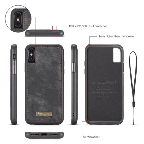 CaseMe For Apple iPhone X / XS / XS Max / XR Zipper & Detachable Retro Leather Pouch With Chain Wallet Flip Purse Bag Detachable Phone Case Cover