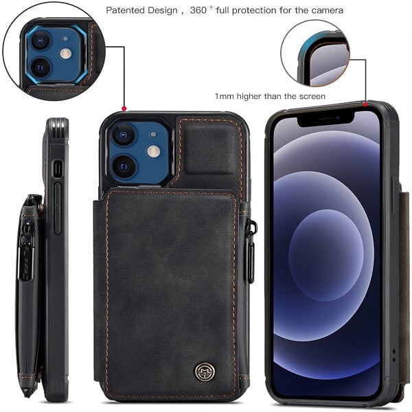 For Apple iPhone 12 /12 Pro/12 Pro Max CaseMe Back Zipper Wallet Case W/ 3 Card Slots, RFID Blocking, 1 Money Pocket, Credit Card Holder Leather Cover