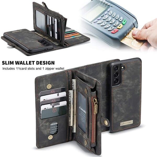 CaseMe For Galaxy S21 | S21 FE | S21+ /S21 Plus | S21 Ultra Zipper & Detachable Retro Leather Pouch With Chain Wallet Flip Purse Bag Detachable Phone Case