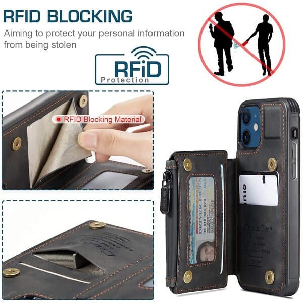For Apple iPhone 12 /12 Pro/12 Pro Max CaseMe Back Zipper Wallet Case W/ 3 Card Slots, RFID Blocking, 1 Money Pocket, Credit Card Holder Leather Cover