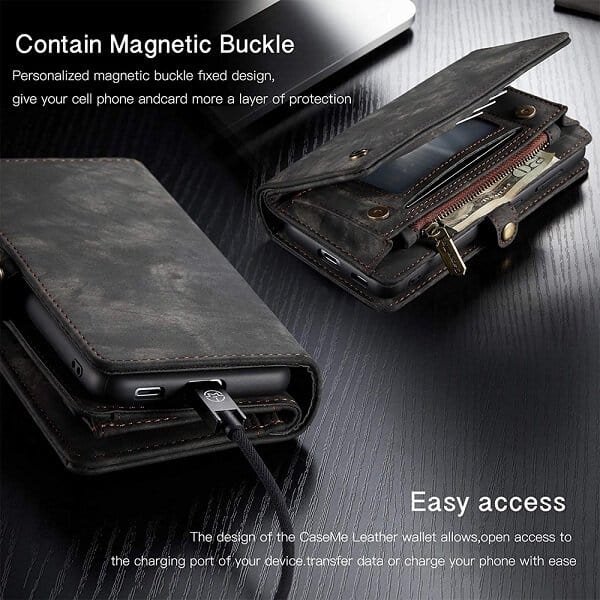 CaseMe For Galaxy S21 | S21 FE | S21+ /S21 Plus | S21 Ultra Zipper & Detachable Retro Leather Pouch With Chain Wallet Flip Purse Bag Detachable Phone Case
