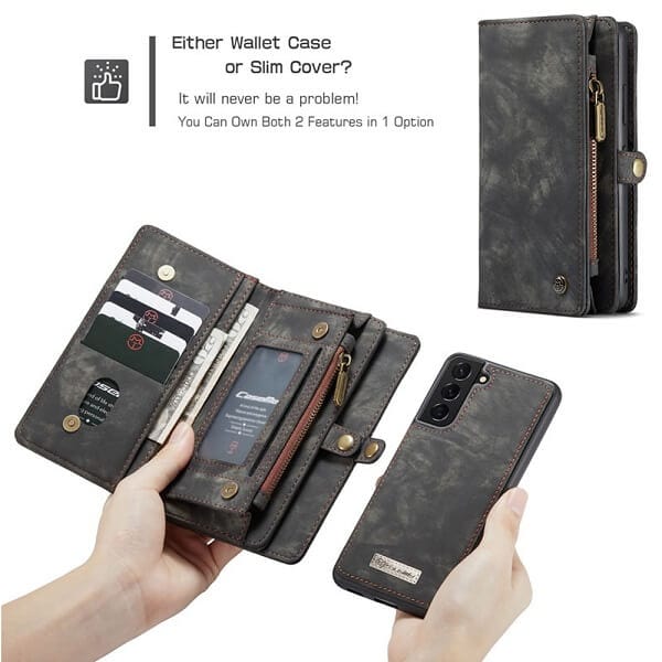 CaseMe For Samsung Galaxy S22 | S22+ /S22 Plus | S22 Ultra Zipper & Detachable Retro Leather Pouch With Chain Wallet Flip Purse Bag Detachable Phone Case Cover