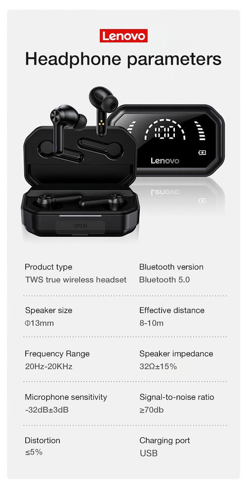 Lenovo LP3 Pro TWS Bluetooth 5.0 Earbuds Dual Drivers HiFi Stereo 1200mAh LED Noise Cancellation Mic Sports Earphone Wireless Headphone