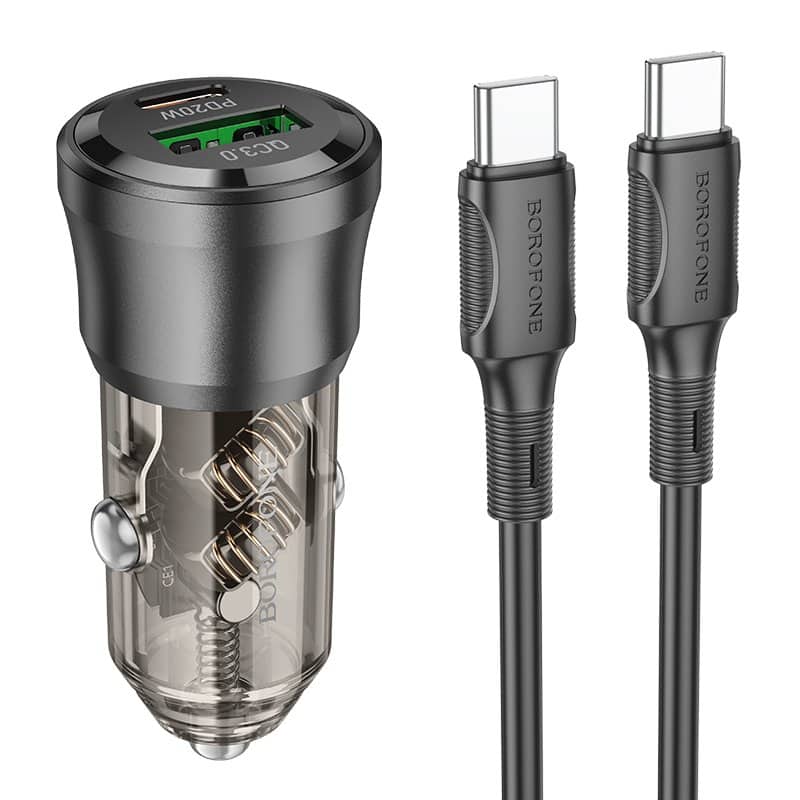 BOROFONE BZ25 Journey PD38W (1C1A) Fast Charging Quick Car Charger With PD USB Type C to Type C Cable Cord (Transparent Black)