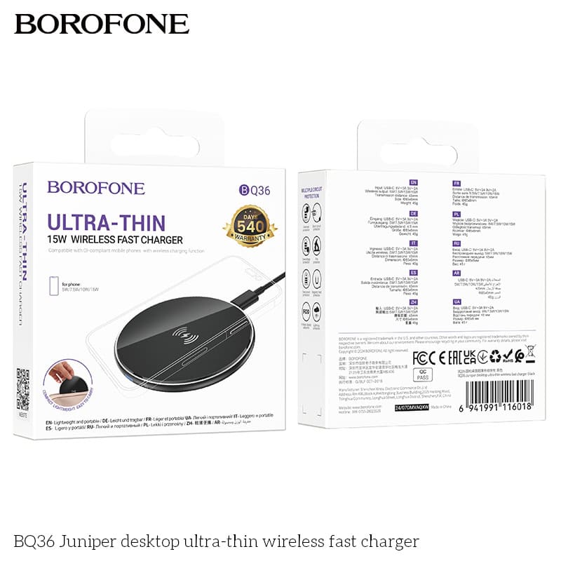 Borofone BQ36 15W Ultra Thin Fast Charger Desktop Wireless Charging Pad For iPhone, Samsung Galaxy, Google, Huawei (Black)