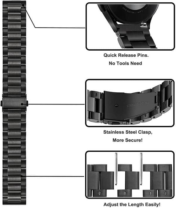 For Samsung Galaxy Watch 4 40mm 44mm Bands, Galaxy Watch 4 Classic Band 42mm 46mm , 20mm Stainless Steel Metal Replacement Strap Bracelet Women Men (Black)