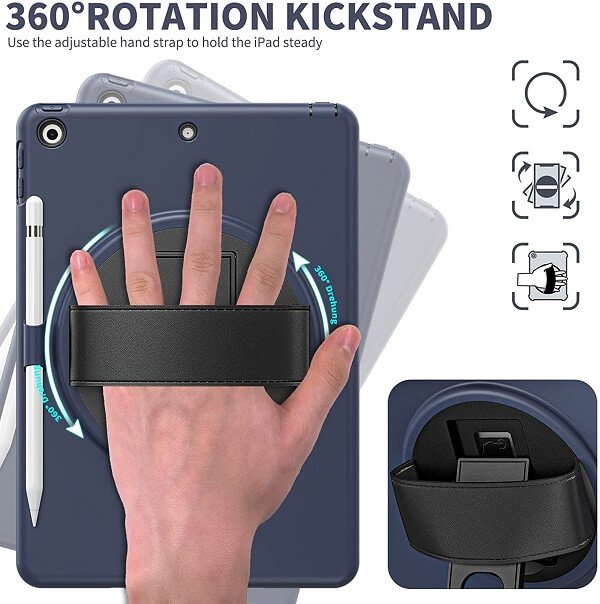 Apple iPad 9th /8th /7th Gen 10.2 inch 2021 /2020 /2019 Military Grade Rotating Case TPU Shockproof Multi-Layer Protective Kickstand Cover (Blue)