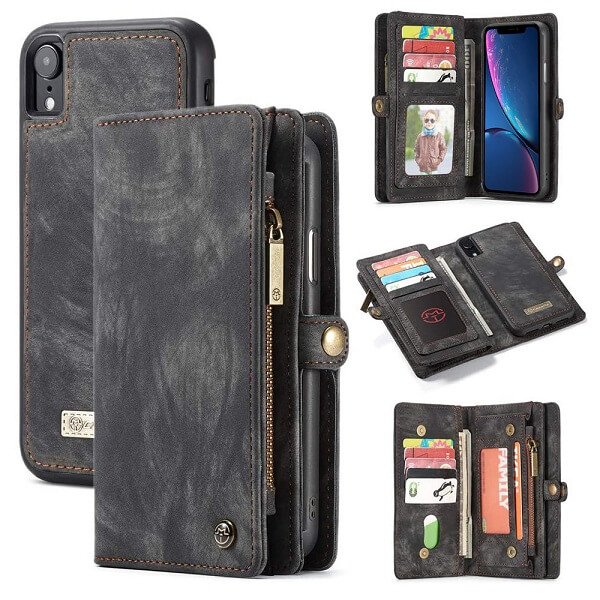 CaseMe For Apple iPhone X / XS / XS Max / XR Zipper & Detachable Retro Leather Pouch With Chain Wallet Flip Purse Bag Detachable Phone Case Cover