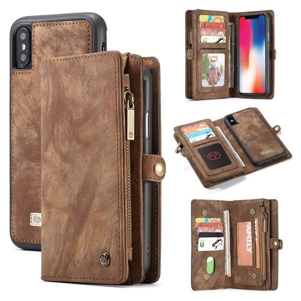 Brown Zipper & Detachable Pouch Wallet Flip Wallet Case
