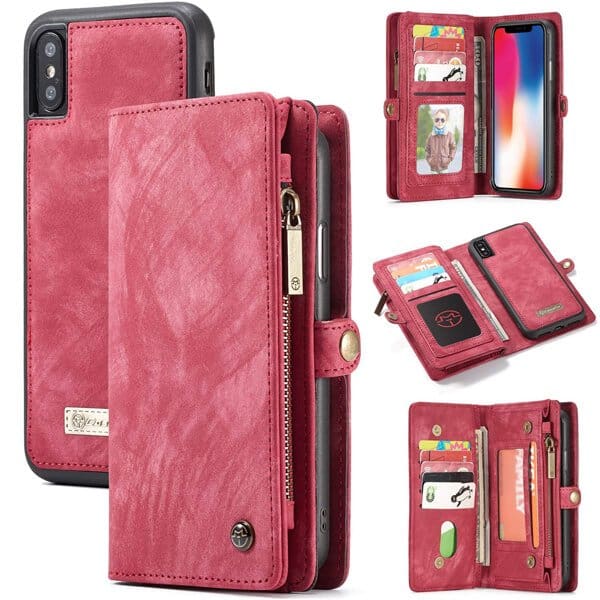 CaseMe For Apple iPhone X / XS / XS Max / XR Zipper & Detachable Retro Leather Pouch With Chain Wallet Flip Purse Bag Detachable Phone Case Cover
