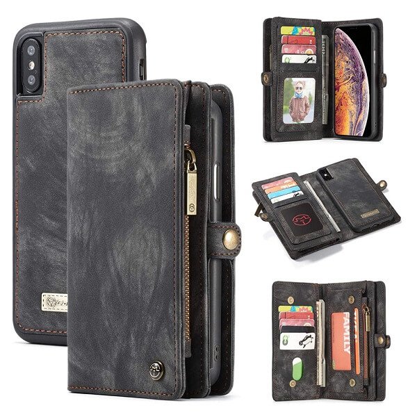 CaseMe For Apple iPhone X / XS / XS Max / XR Zipper & Detachable Retro Leather Pouch With Chain Wallet Flip Purse Bag Detachable Phone Case Cover
