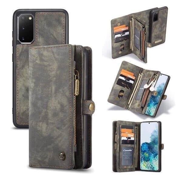 CaseMe For Samsung Galaxy S20 FE | S20+ /S20 Plus | S20 Ultra Zipper & Detachable Retro Leather Pouch Wallet Flip Purse Bag Detachable Phone Case Cover (Black)