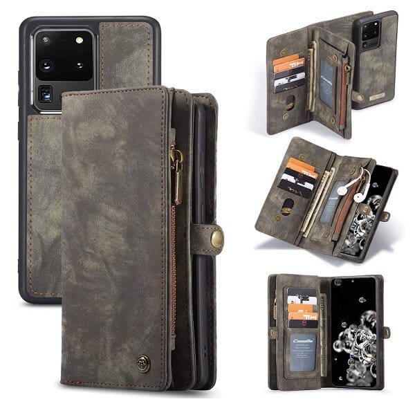 CaseMe For Samsung Galaxy S20 FE | S20+ /S20 Plus | S20 Ultra Zipper & Detachable Retro Leather Pouch Wallet Flip Purse Bag Detachable Phone Case Cover (Black)