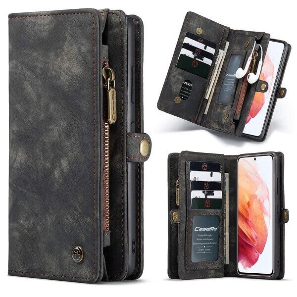 Black Zipper & Detachable Pouch Wallet Flip Wallet Case