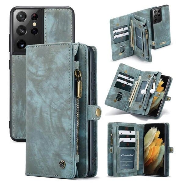 CaseMe For Galaxy S21 | S21 FE | S21+ /S21 Plus | S21 Ultra Zipper & Detachable Retro Leather Pouch With Chain Wallet Flip Purse Bag Detachable Phone Case