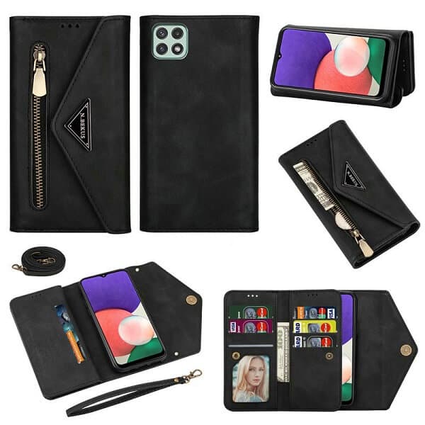 For Samsung Galaxy A22 5G | A22 4G Phone Case Wallet N.Bekus Leather Flip Zipper Pocket Magnetic Purse With Strap & Card Holder for Girls Women