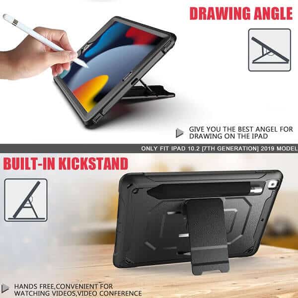 For iPad 9th /8th /7th Gen 10.2 inch For Kids With Pencil Holder Shockproof Heavy Duty Kickstand Shoulder Belt Cover (Black)