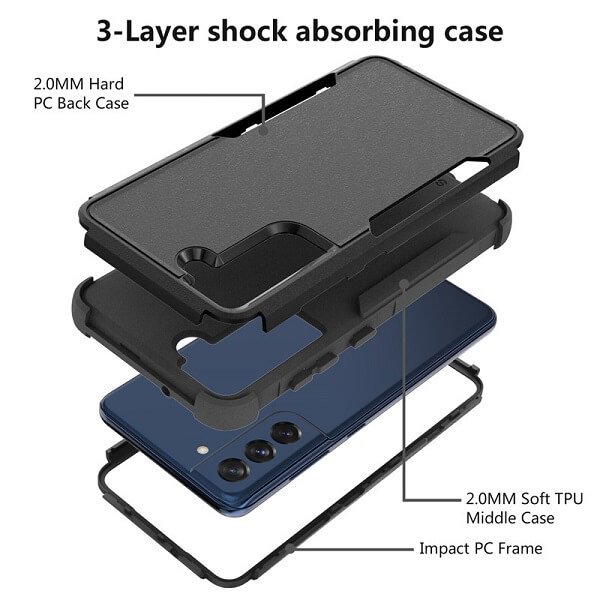 For Samsung Galaxy S21 3in1 Case Drop Resistant Defender Tradies Hybrid Armor Heavy Duty Rugged Shockproof Tough Cover (Black)