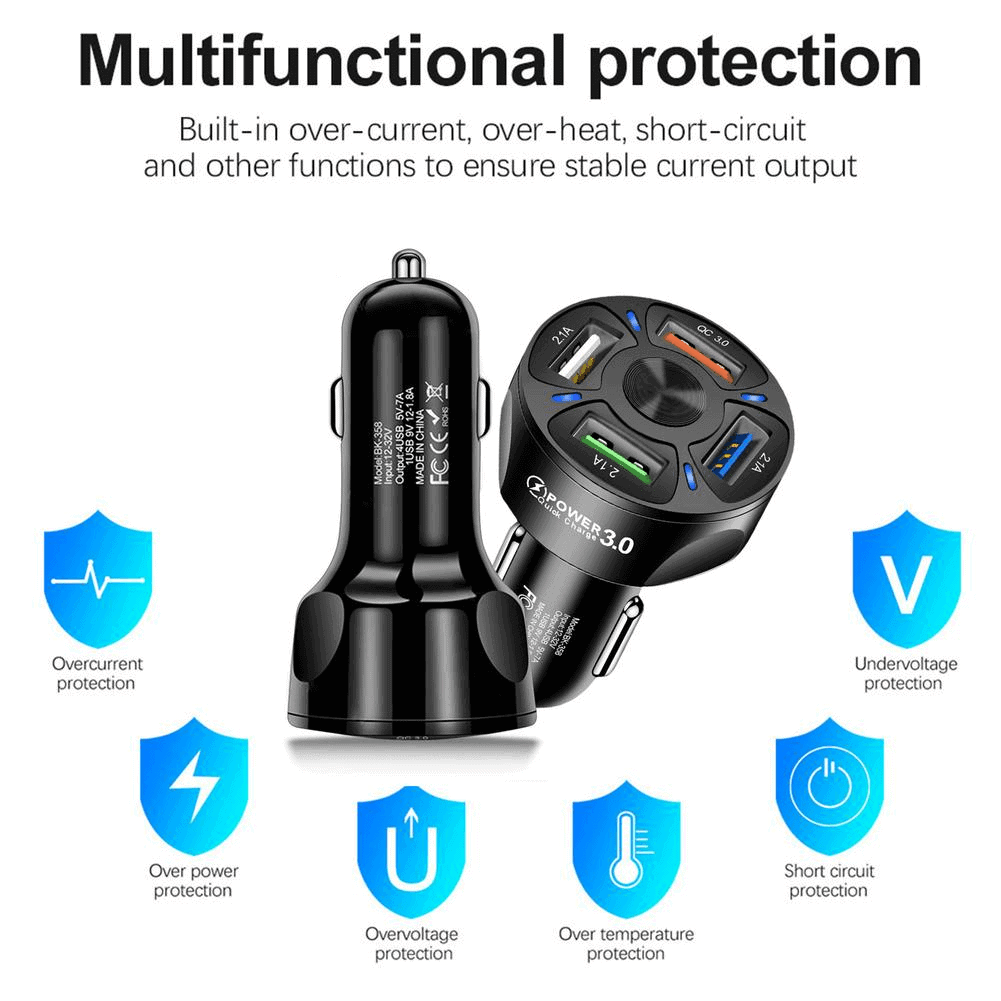 Universal 35W 7A QC3.0 4USB Ports Fast Charging Car Charger With LED Light 12-24V Adapter