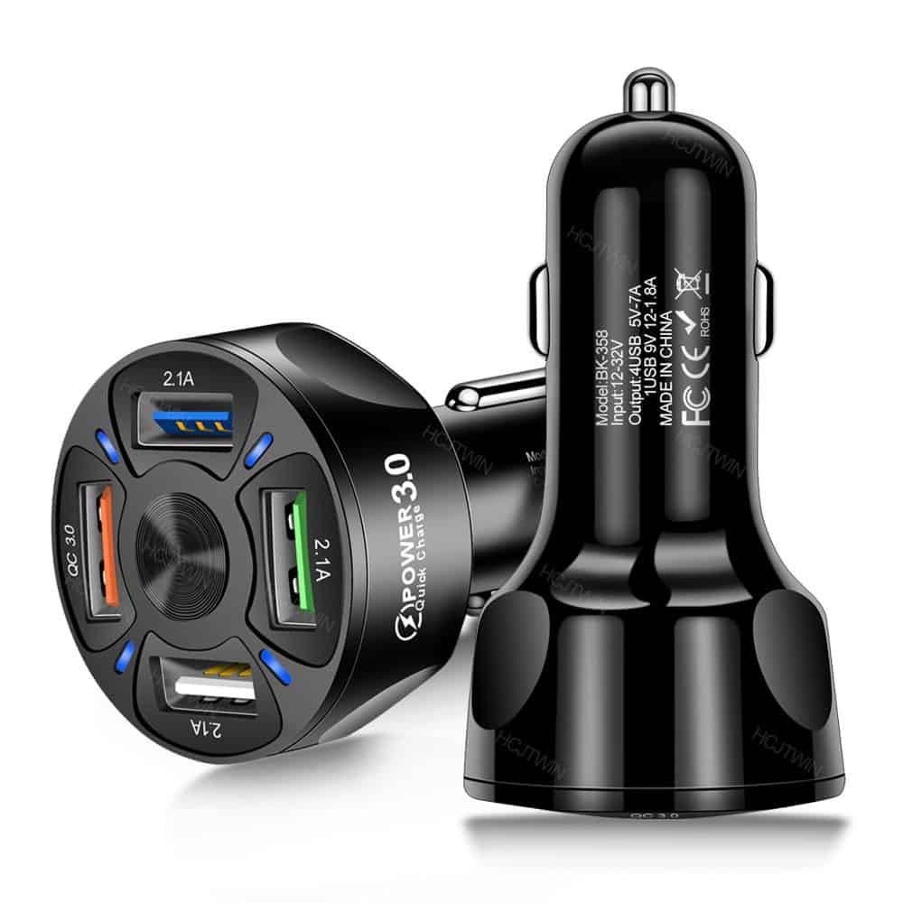 Universal 35W 7A QC3.0 4USB Ports Fast Charging Car Charger With LED Light 12-24V Adapter
