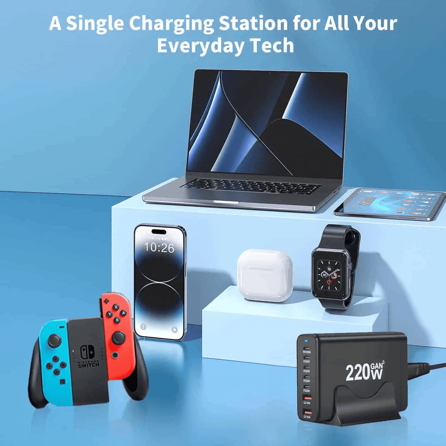 220W GaN³ Charger Dock 1×100W PD USB-C, 4×20W PD, 2×18W QC3.0 USB-A Fast Charging for MacBook, Laptop, Phone – AU Wall Plug Power Adapter
