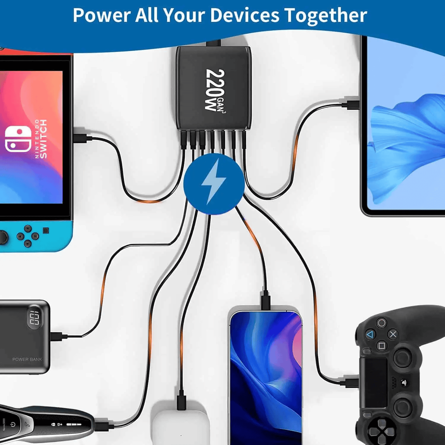 220W GaN³ Charger Dock 1×100W PD USB-C, 4×20W PD, 2×18W QC3.0 USB-A Fast Charging for MacBook, Laptop, Phone – AU Wall Plug Power Adapter