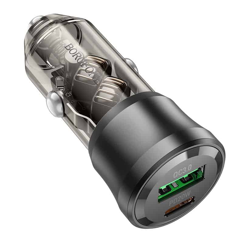 Borofone BZ25 38W PD20W PD USB Type C + QC3.0 USB A Fast Charging Quick Charger Car Charger Socket Adapter ( Transparent Black)