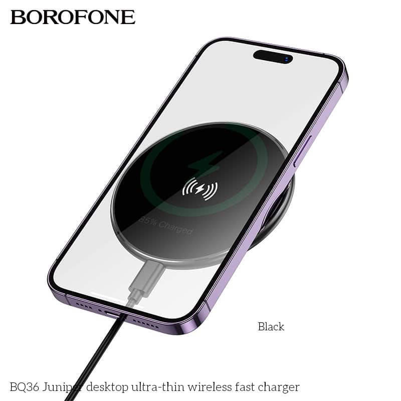Borofone BQ36 15W Ultra Thin Fast Charger Desktop Wireless Charging Pad For iPhone, Samsung Galaxy, Google, Huawei (Black)