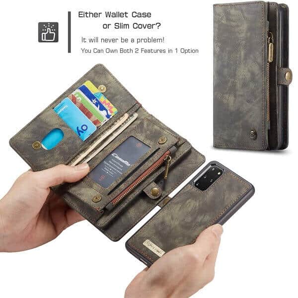 CaseMe For Samsung Galaxy S20 FE | S20+ /S20 Plus | S20 Ultra Zipper & Detachable Retro Leather Pouch Wallet Flip Purse Bag Detachable Phone Case Cover (Black)